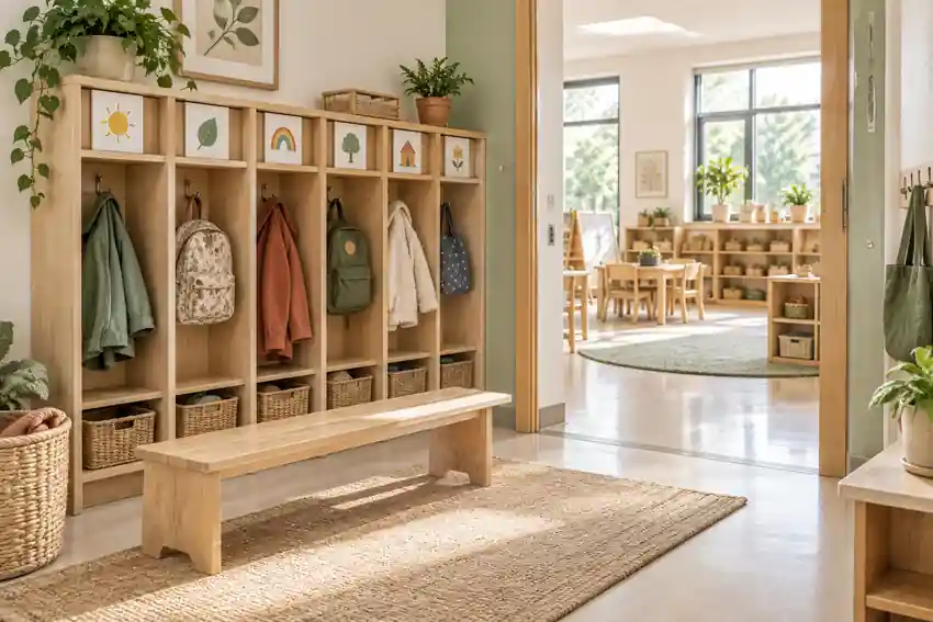 Preschool classroom organization with child-height cubbies at the entry
