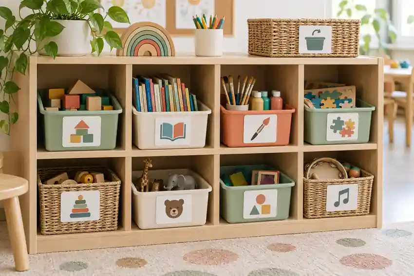 Preschool classroom organization with picture-labeled storage bins