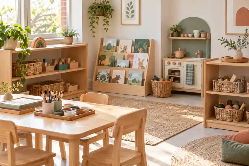 Preschool classroom organization with grouped art, books, and play materials