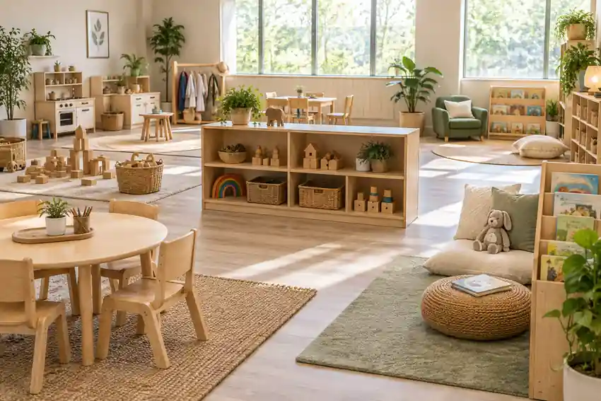 Preschool classroom organization with clear activity areas and open paths