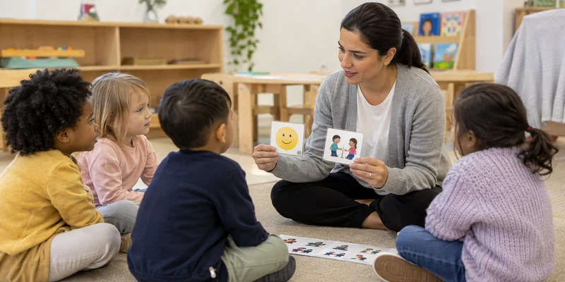 Educator listening to preschool children during an age appropriate safety conversation