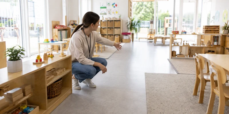 Educator checking sightlines and secure storage in a preschool classroom
