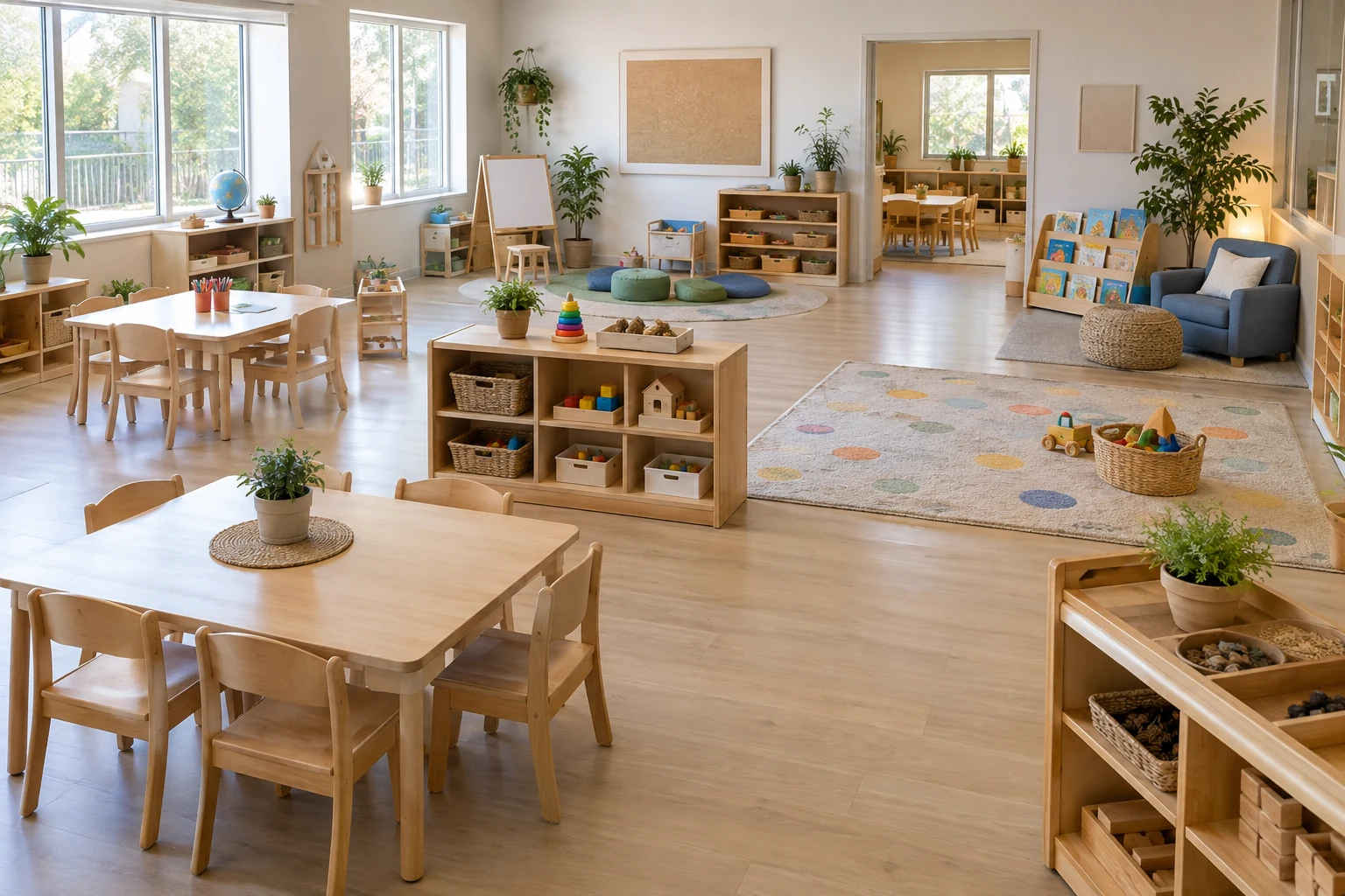 Daycare classroom with tables, chairs, storage, reading corner, and clear circulation paths