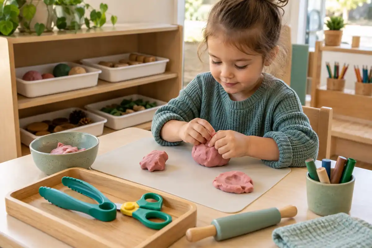 Fine motor skills practical work area with reachable trays, playdough tools and a cleanable table