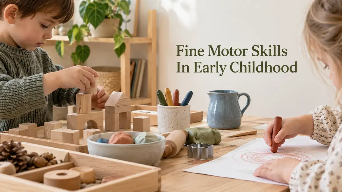 Fine motor skills in early childhood workbench with blocks, drawing tools and practical materials
