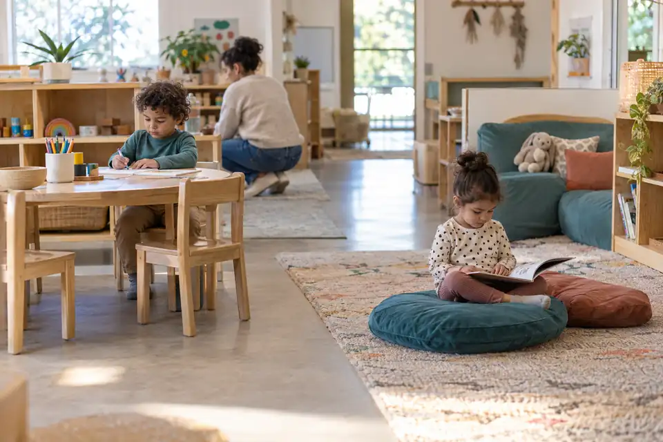 Children using different seating options in a flexible seating classroom