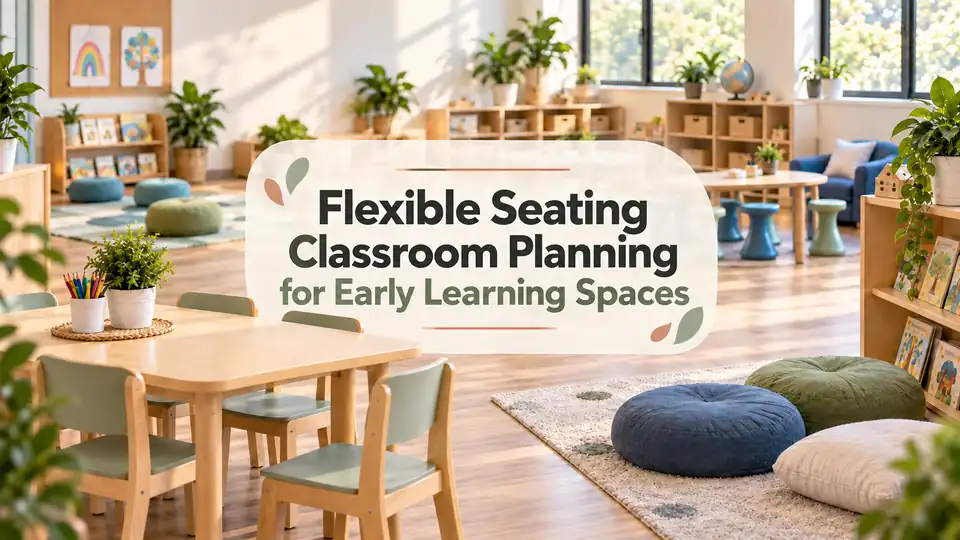 Flexible seating classroom cover with centered title, child-sized tables, chairs, floor cushions and open learning space