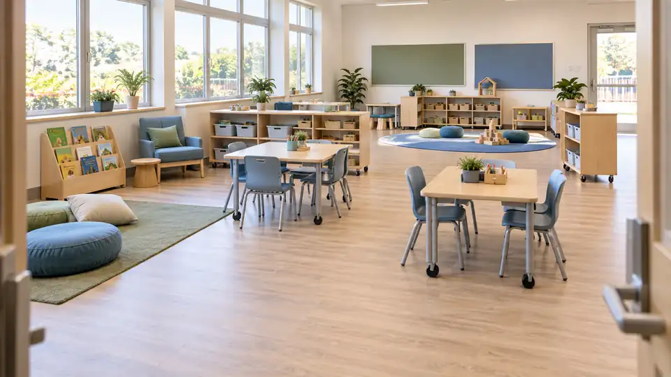 Flexible seating classroom layout with mobile tables, low storage and clear walking routes
