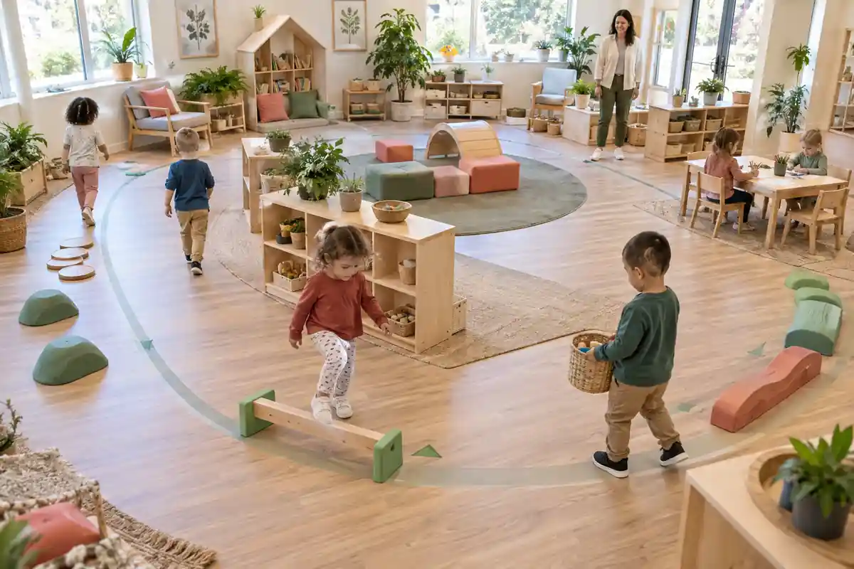 Gross motor skills classroom floor plan with a clear movement loop, low equipment and open sightlines