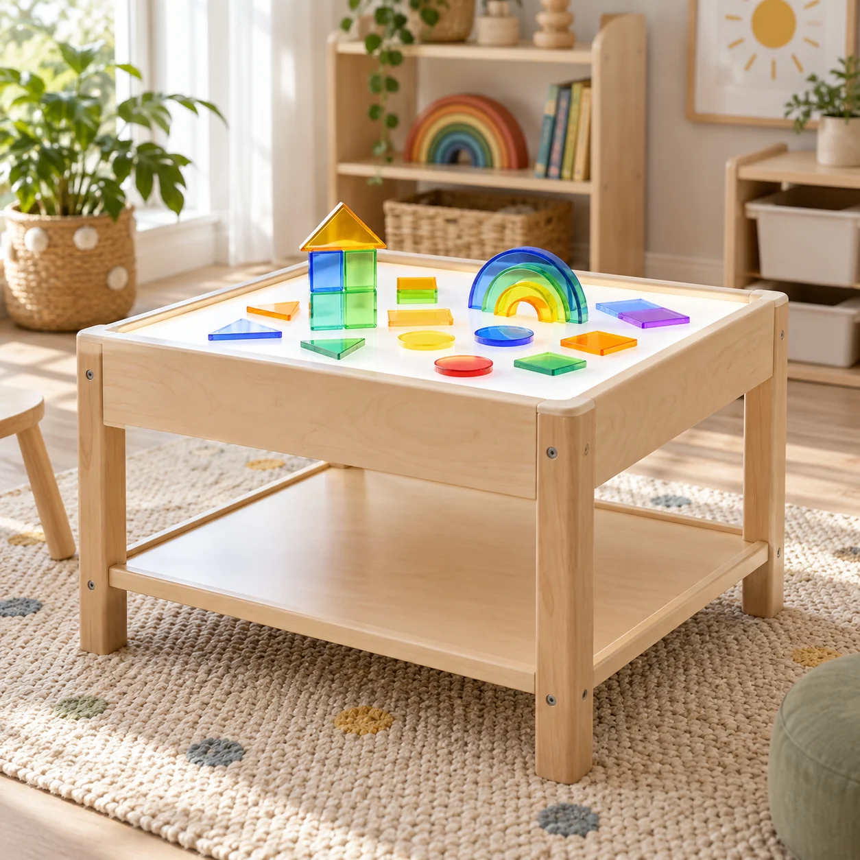 Wooden LED light activity table with translucent learning pieces