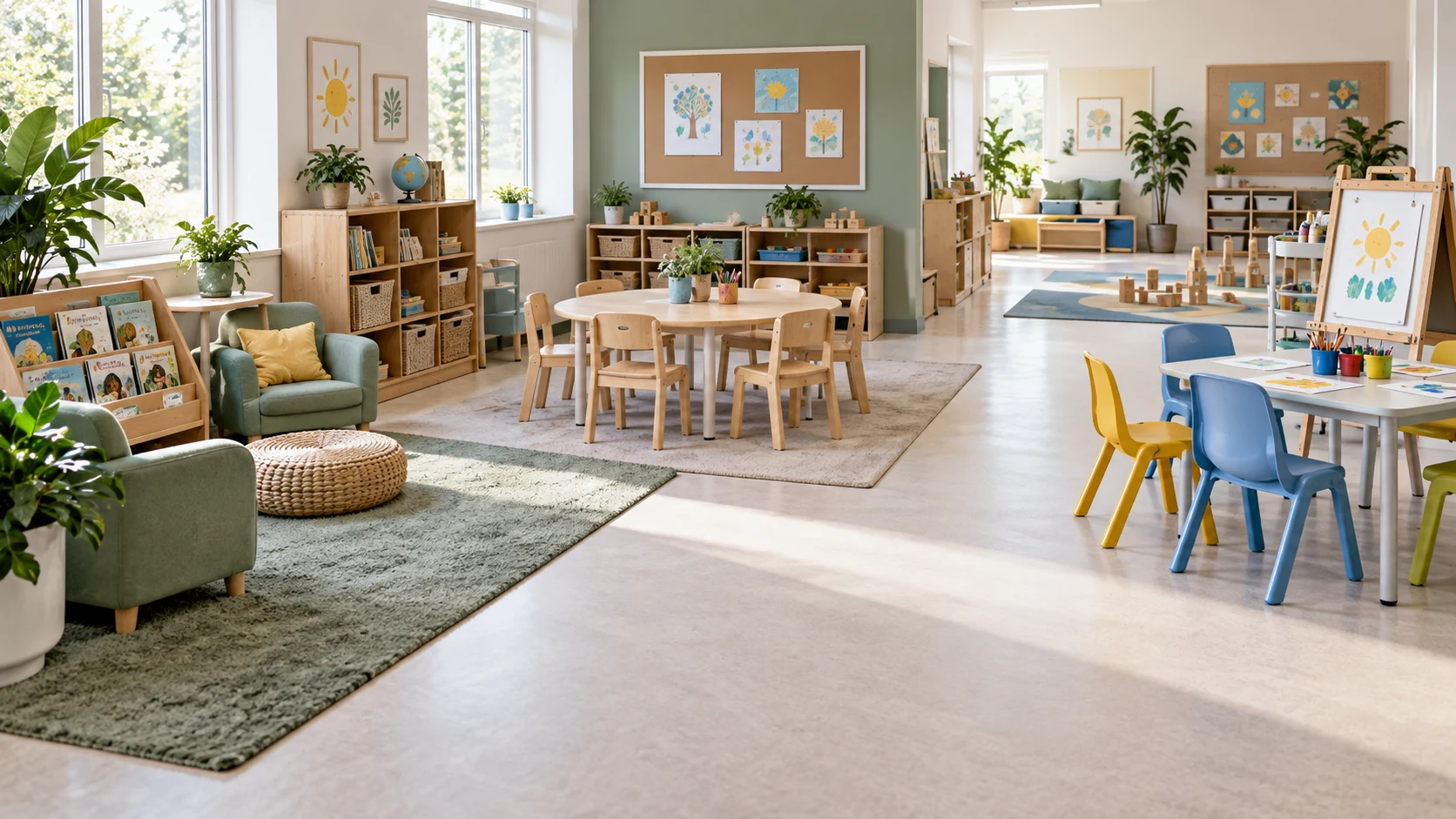 Classroom layout combining wood furniture in quiet zones and plastic furniture in activity zones