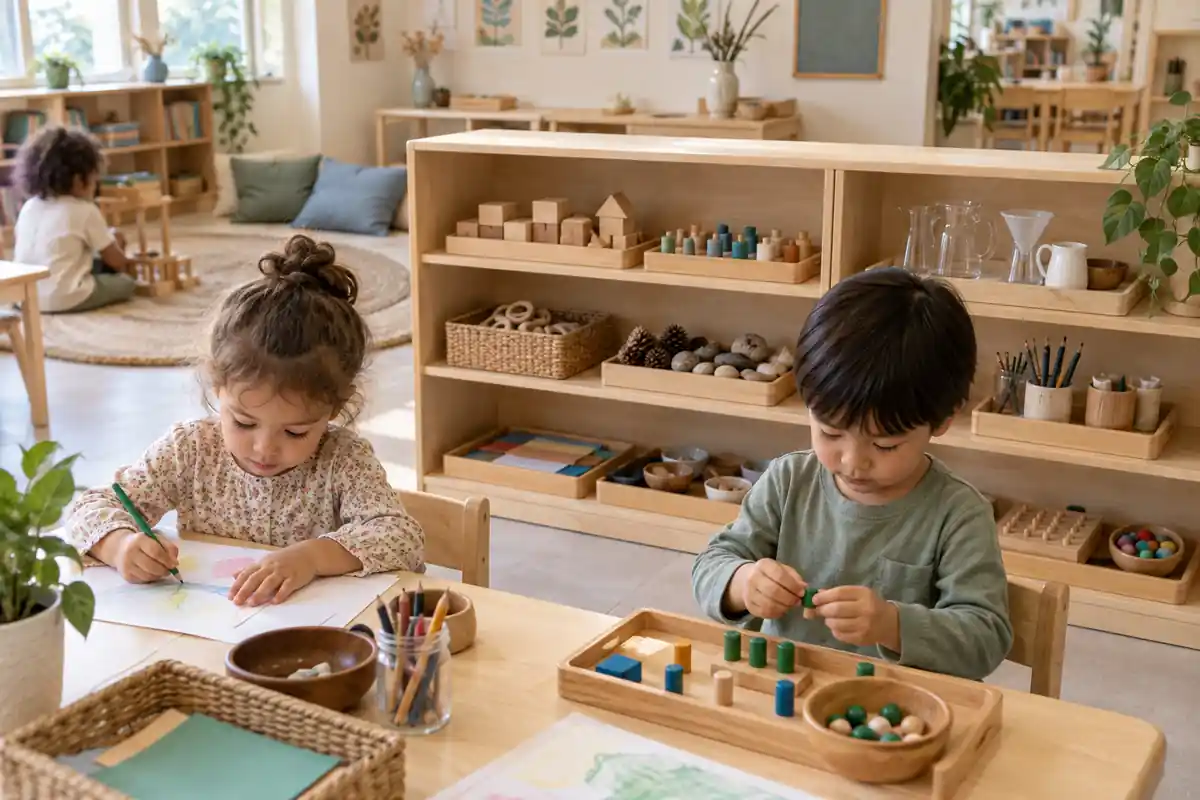 Motor skill fine motor area with low storage, drawing tools, blocks and practical trays