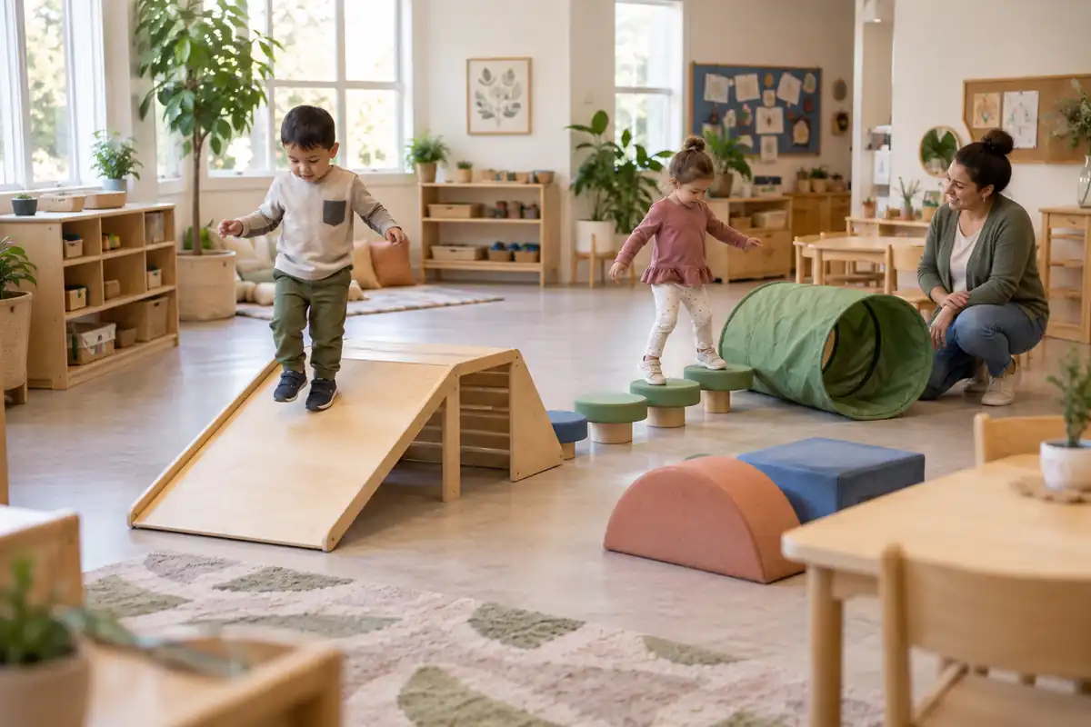 Motor skill movement space with a low ramp, balance steps, tunnel and clear classroom route
