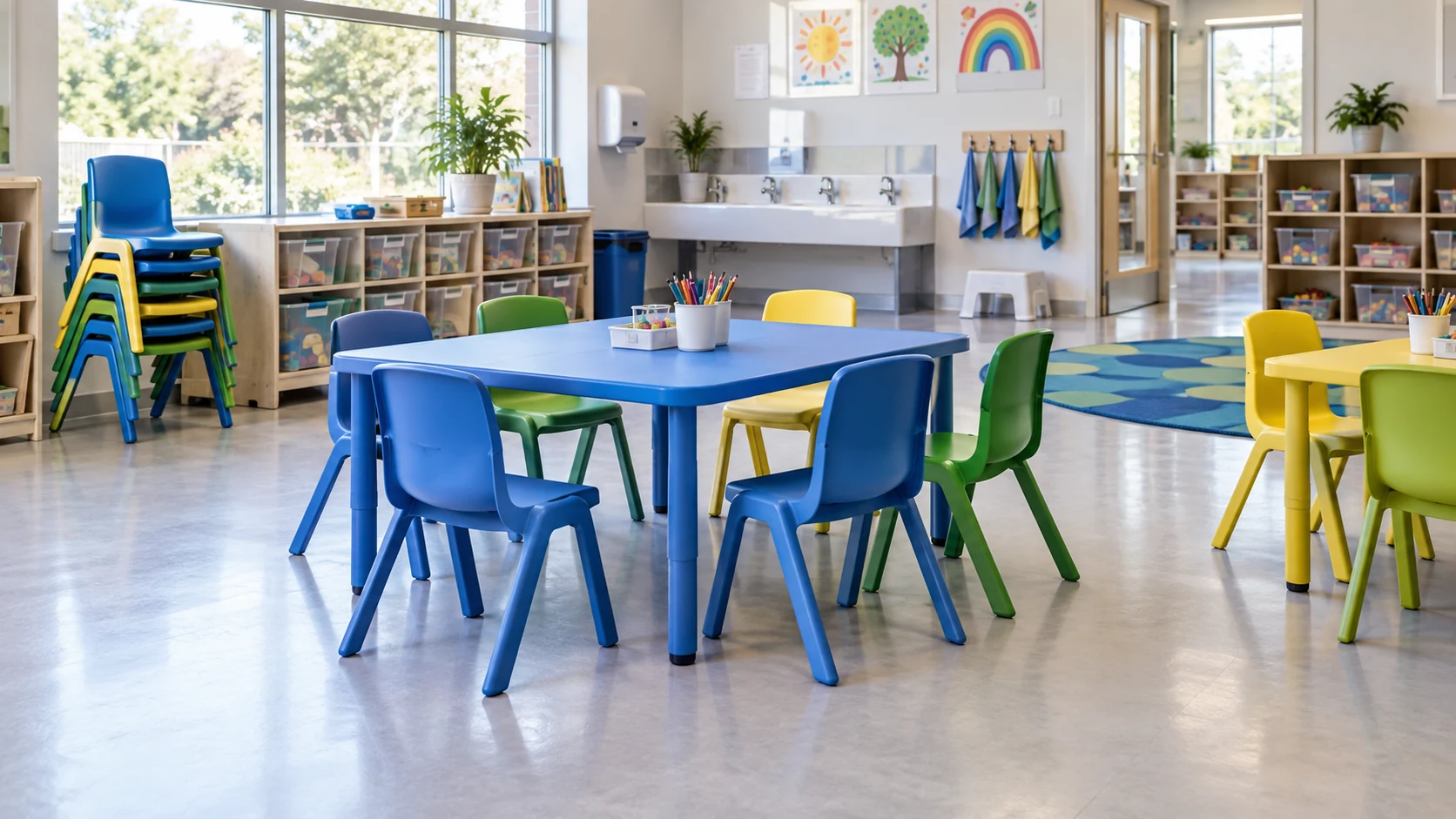 Colorful molded plastic classroom chairs and table arranged for flexible activities