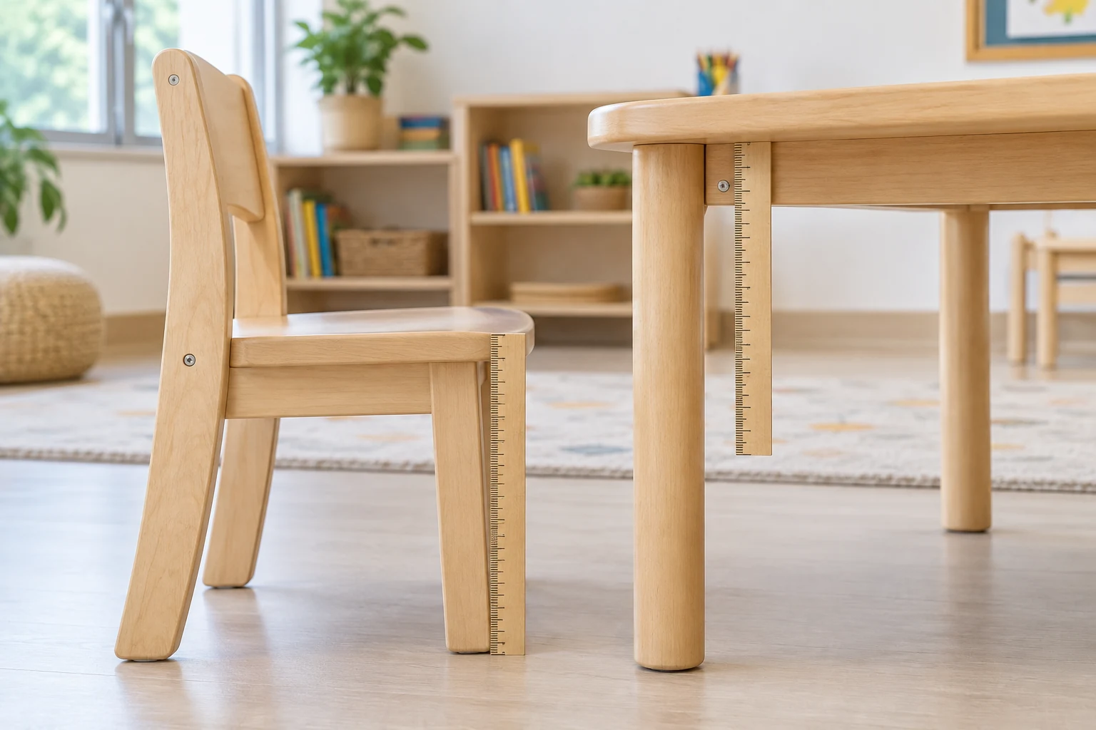 Child-sized preschool chair and table shown with seat height and table clearance measurement rulers