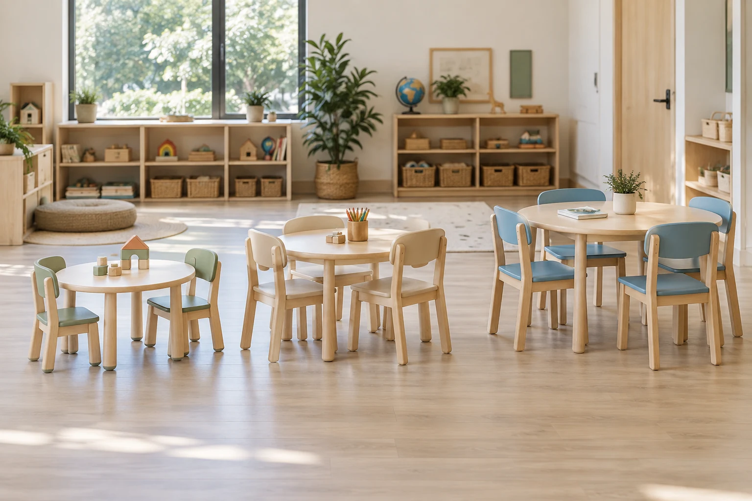 Three preschool and daycare table and chair sets arranged from toddler to kindergarten size