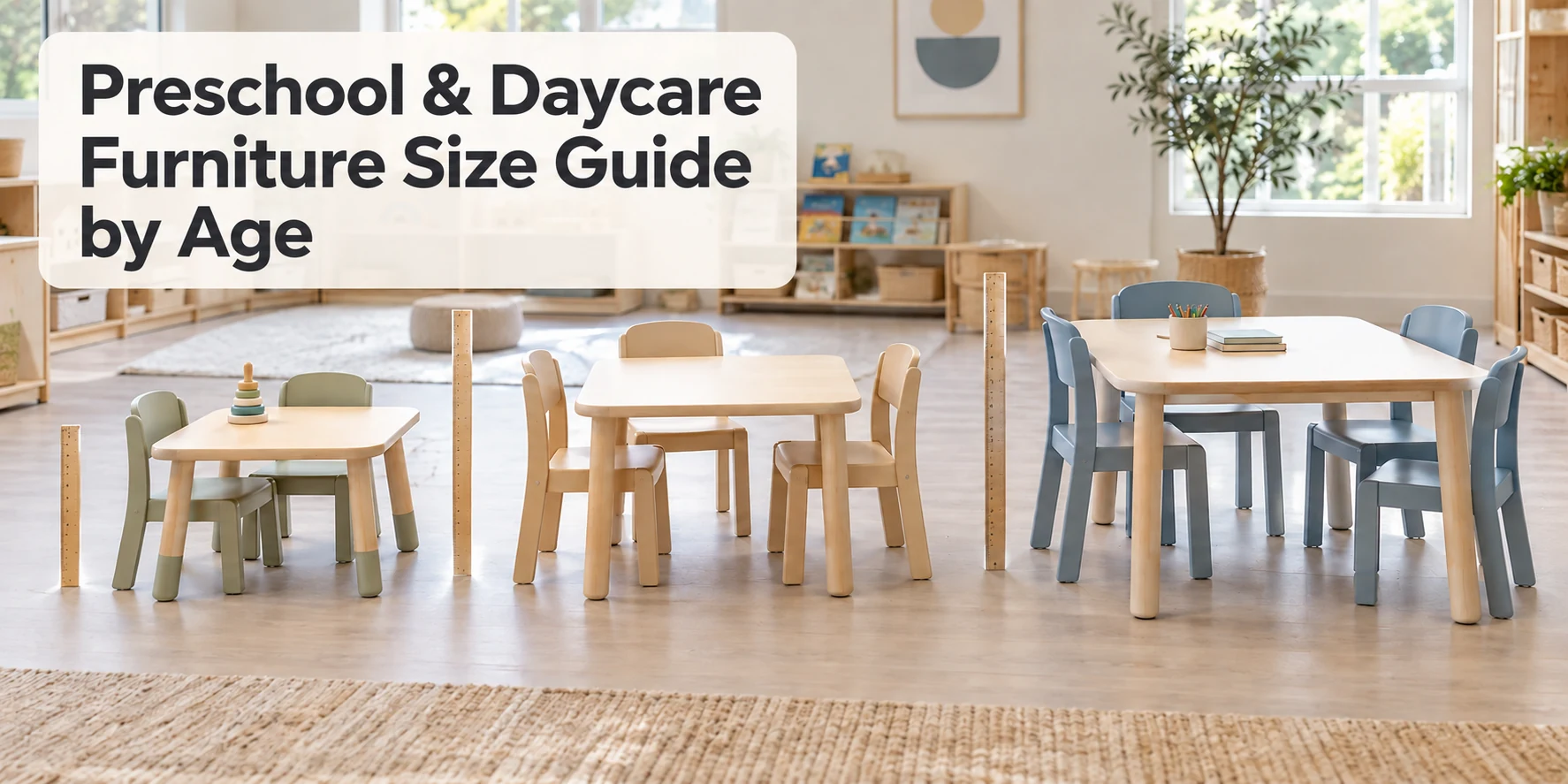 Preschool and daycare furniture in three age-based sizes with the title Preschool and Daycare Furniture Size Guide by Age