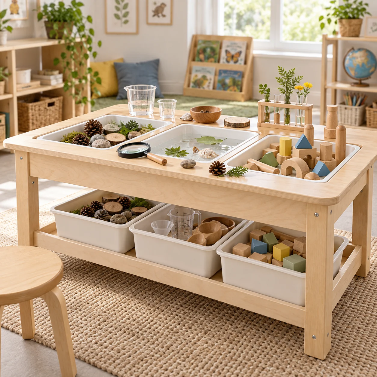 Science and STEM activity table with trays and hands-on materials