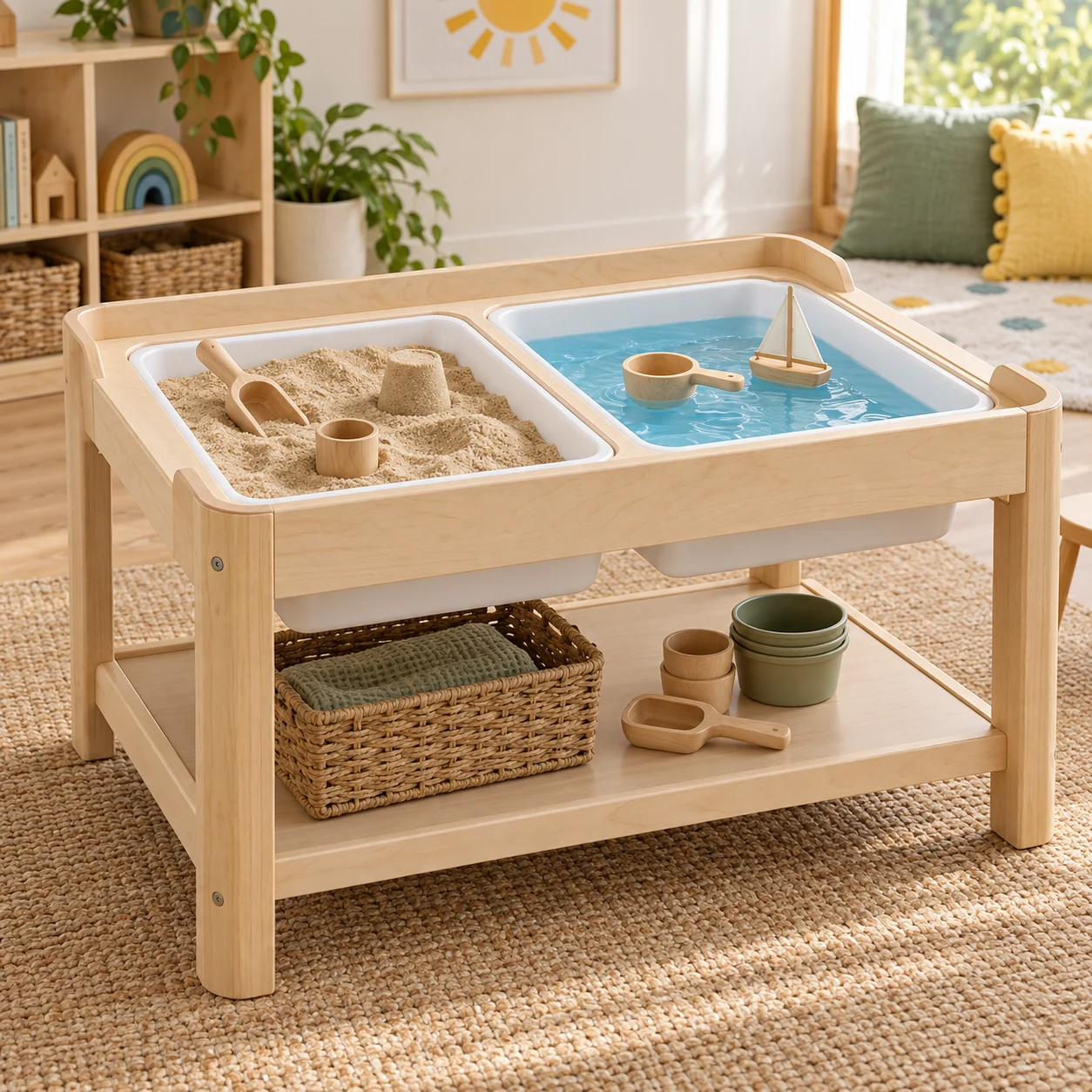 Wooden sensory activity table with removable sand and water tubs