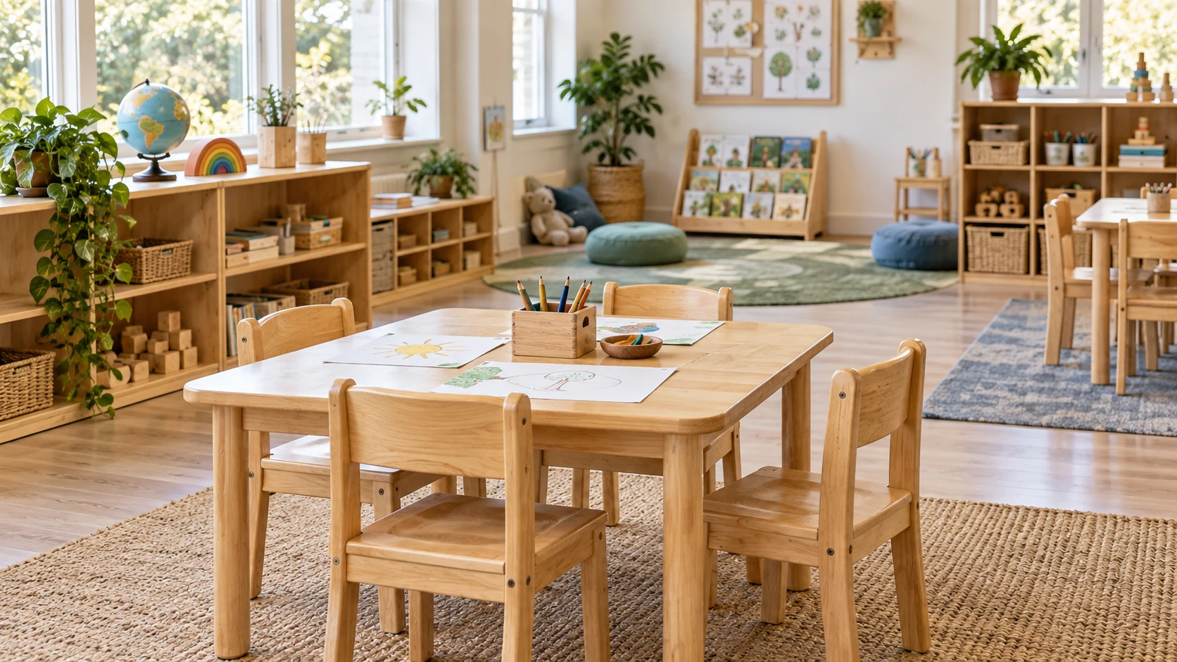 Warm wood classroom table and chairs in a preschool learning area