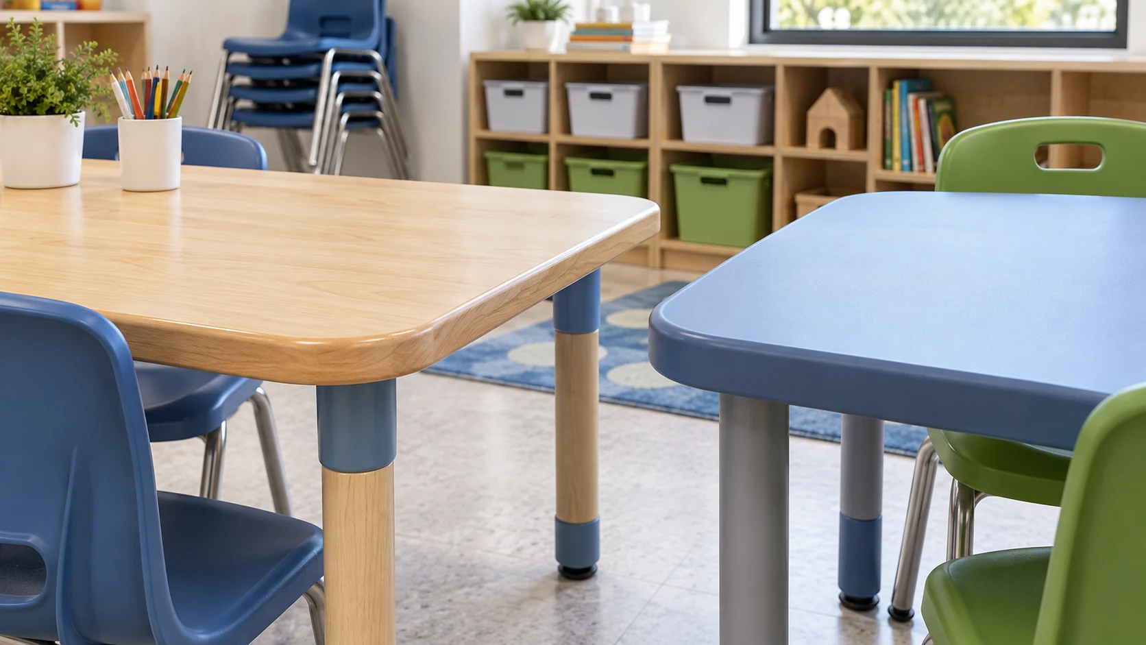 Close view of rounded wood and plastic classroom table surfaces and stable legs