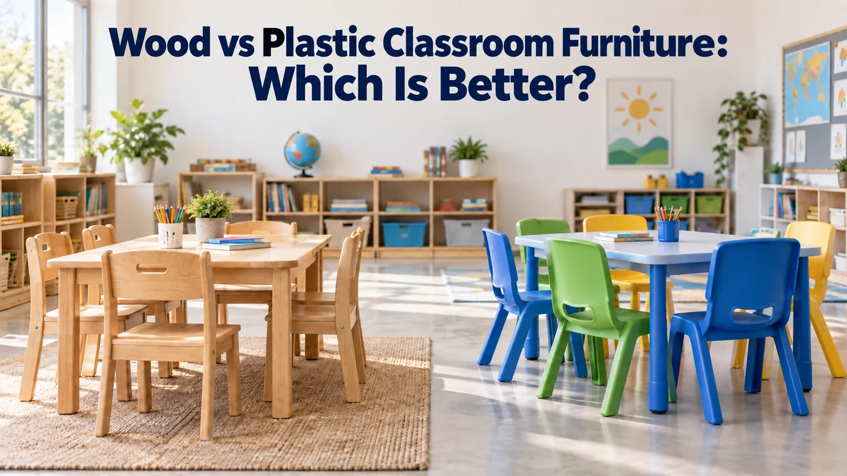 Wood vs plastic classroom furniture comparison in a modern learning space