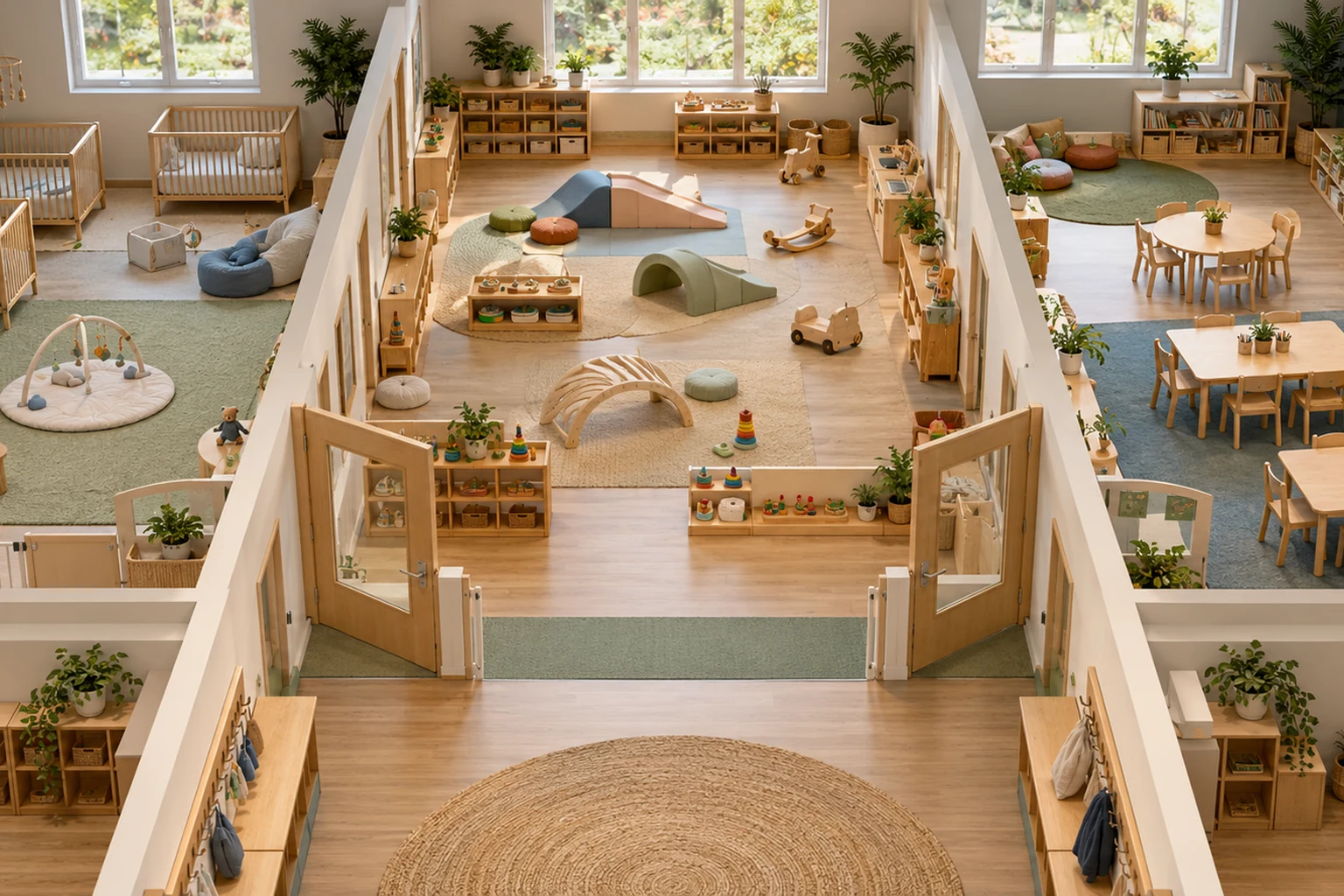 Infant toddler and preschool classrooms with age-appropriate furniture in an early learning center
