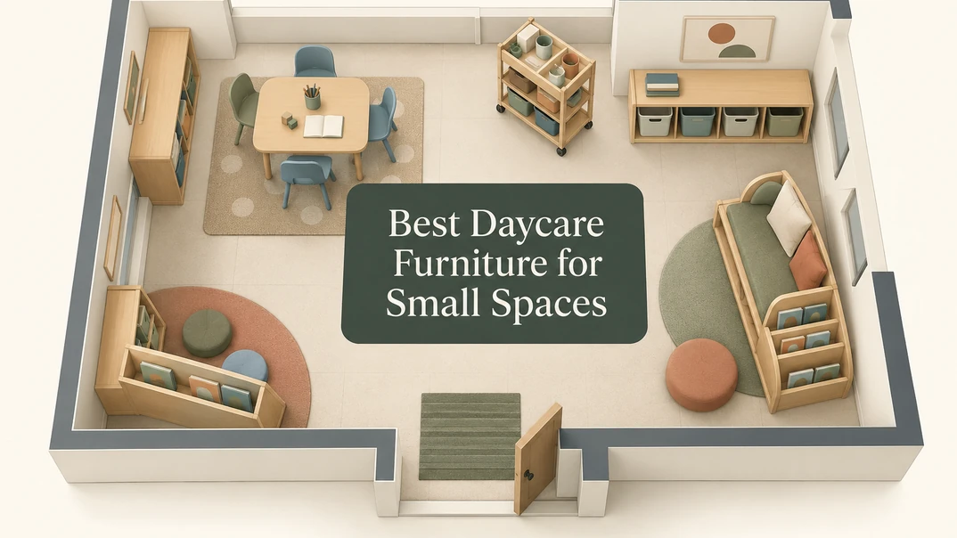 Top-down daycare room plan with compact furniture for small spaces