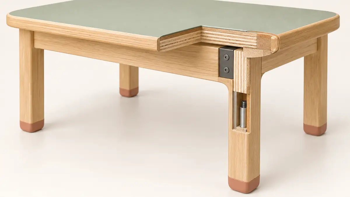 Cutaway preschool table showing plywood layers, sealed edge, and hardware