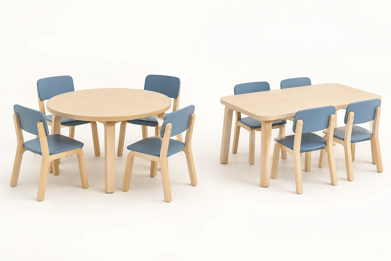 Compact daycare tables and coordinated child-size chairs for small group activities