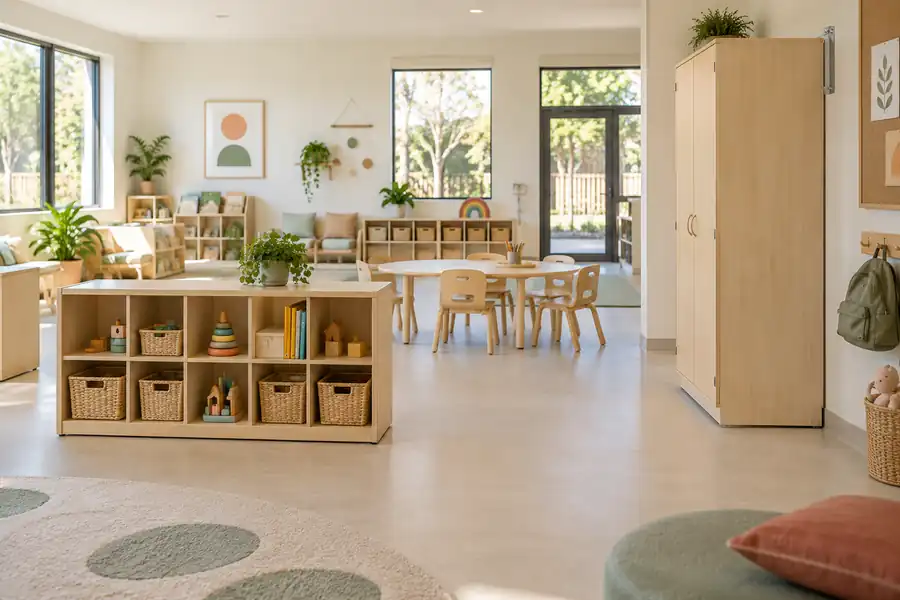 Daycare classroom storage layout with low shelving, clear routes, and secure cabinets