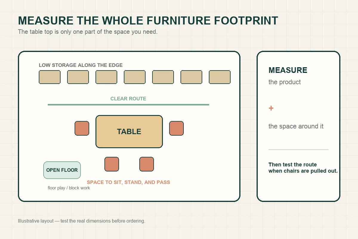 Daycare furniture footprint plan with low storage clear routes and table space