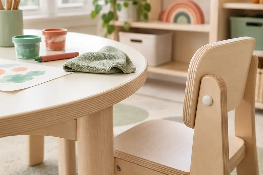 Daycare furniture edges, joints, hardware, and cleanable finish