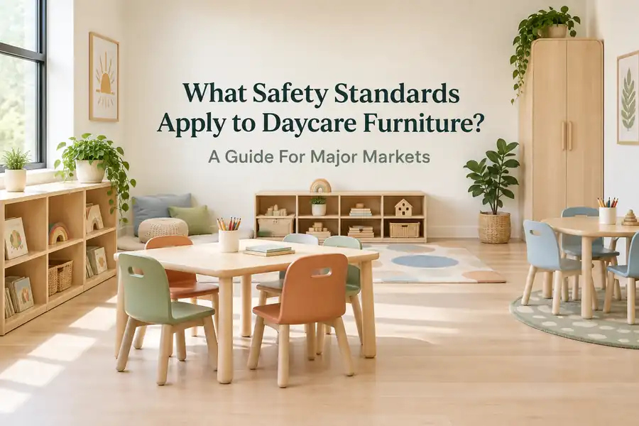 Daycare furniture safety standards for major markets with classroom tables, chairs, and storage