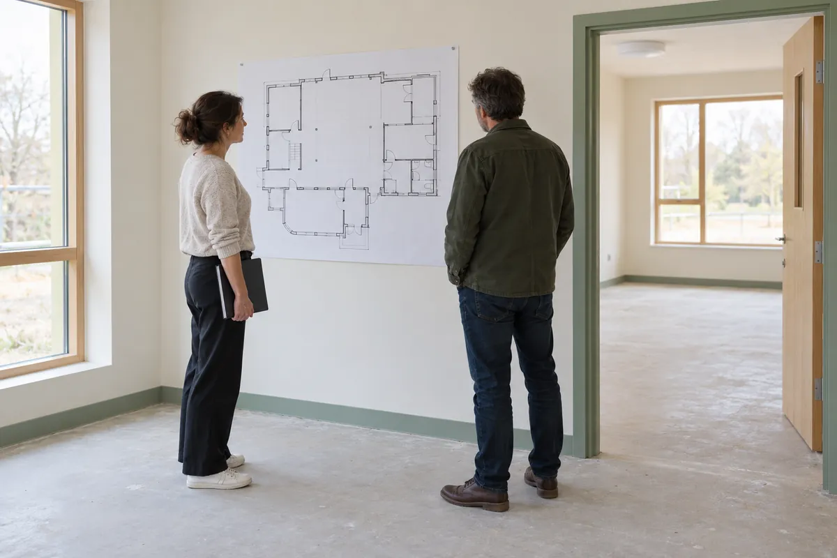 Two adults reviewing a daycare floor plan before building work