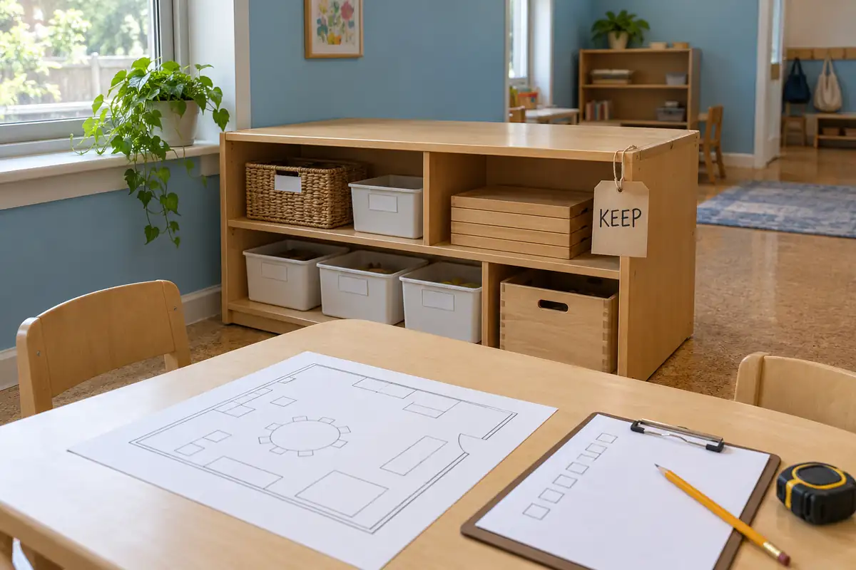 Daycare storage shelf marked Keep beside a room plan and renovation checklist
