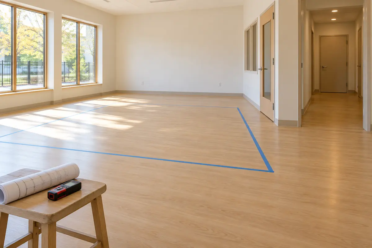 Empty daycare room with a taped activity area and a clear route to the hallway