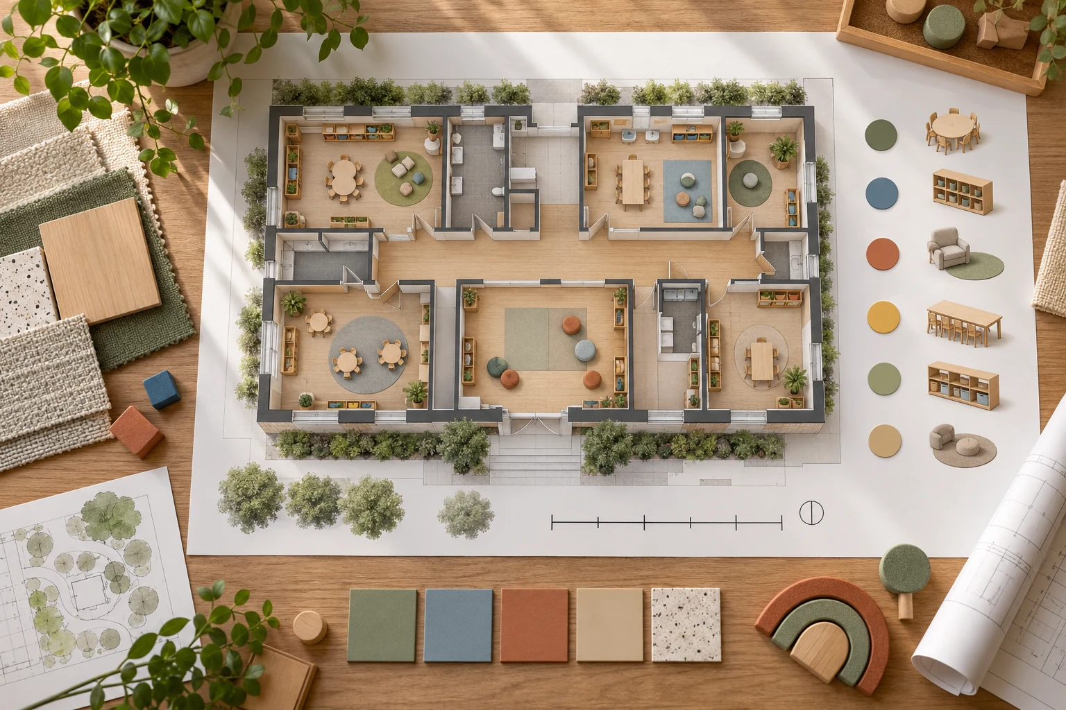 Early learning center floor plan with classroom furniture symbols and material samples