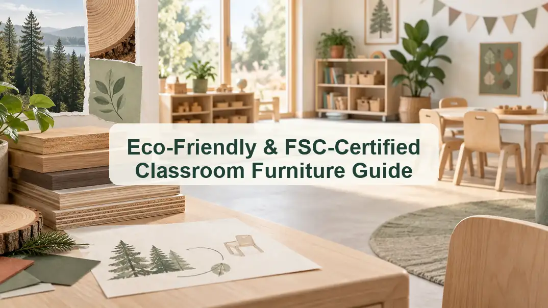 Eco-friendly and FSC-certified classroom furniture in a bright preschool classroom with wood samples