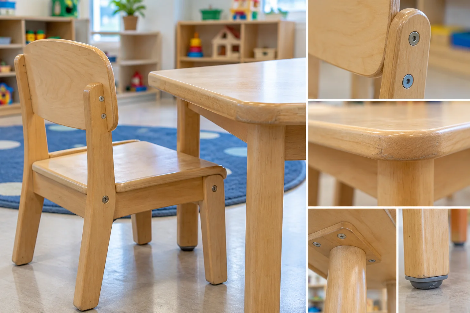 Close view of joints, edges, and floor glides on used daycare furniture