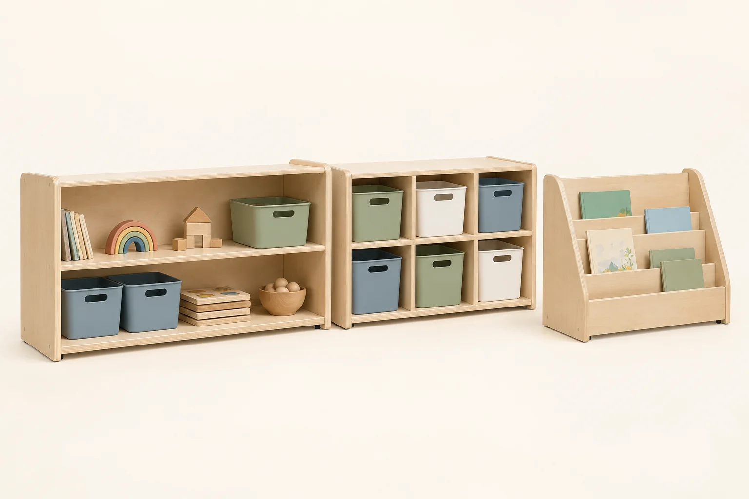 Low open daycare storage shelves, cubbies, and book display furniture