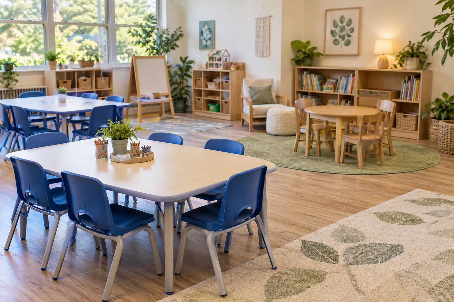 Daycare classroom using new furniture in the main area and used furniture in a reading corner