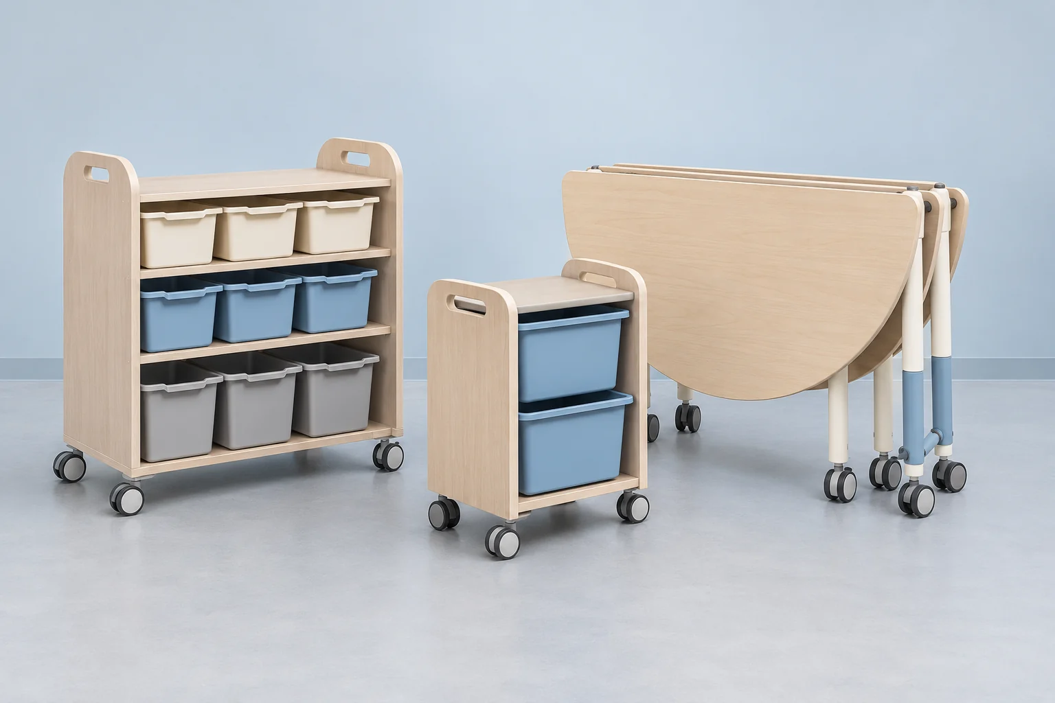 Compact rolling daycare storage cart and movable activity table for small rooms