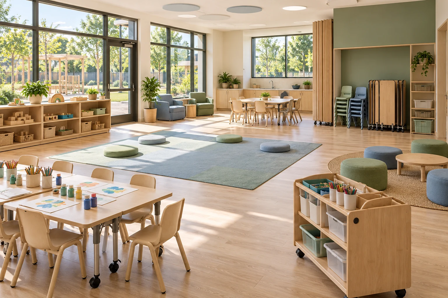 Flexible multipurpose early learning center room with mobile storage tables and stackable chairs