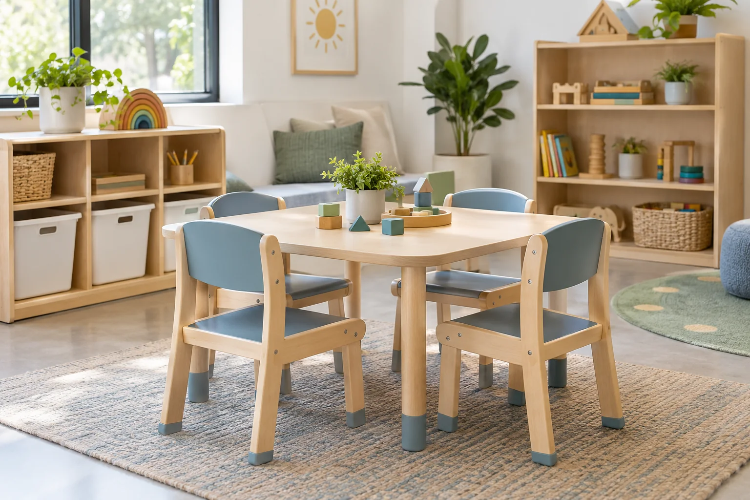 New daycare table, chairs, storage, and shelving in a coordinated classroom set