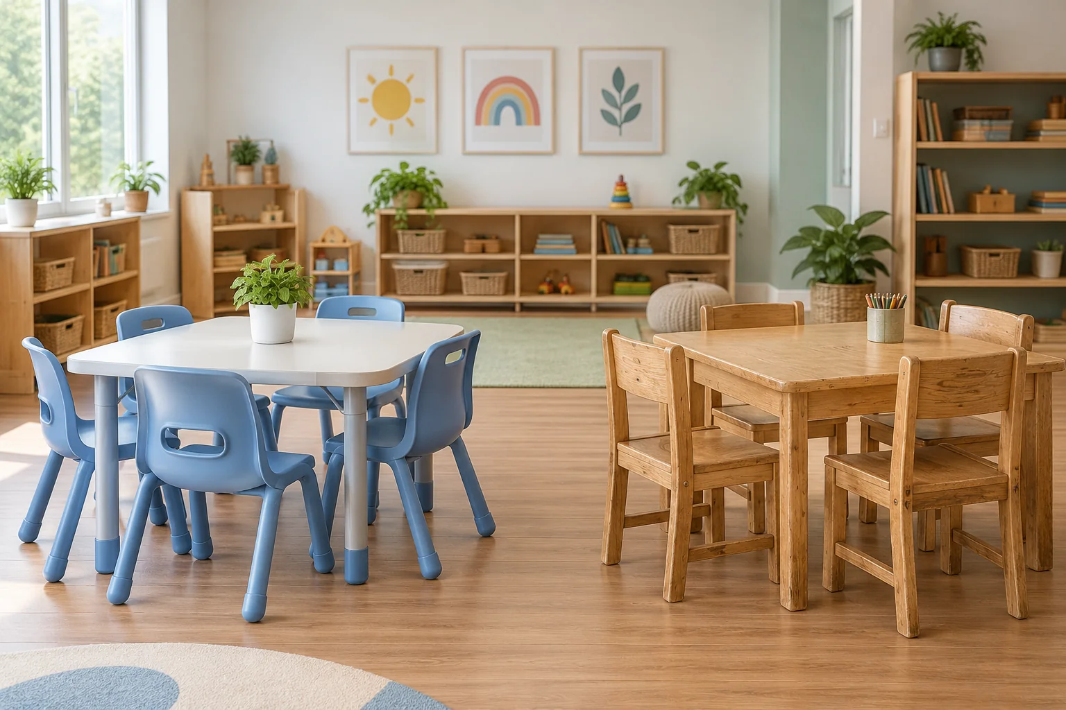 New and used daycare tables and chairs shown side by side