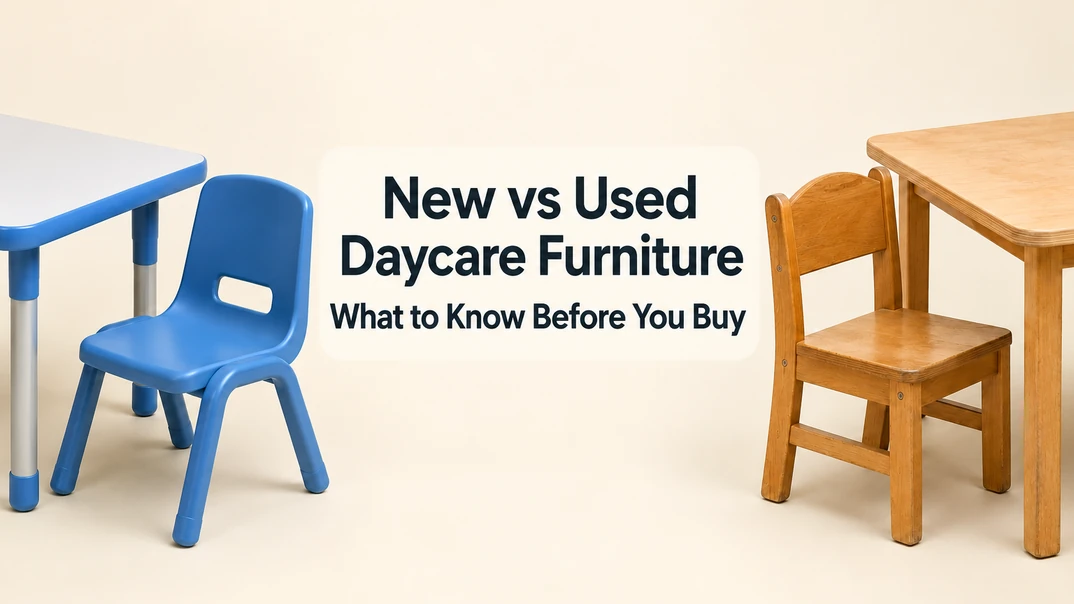 New and used daycare furniture shown in a centered product comparison