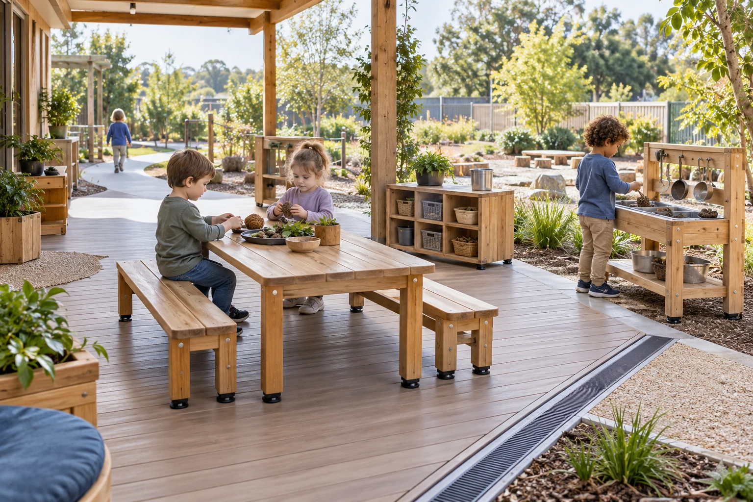 Children using weather-resistant preschool tables and activity furniture on a covered outdoor learning deck
