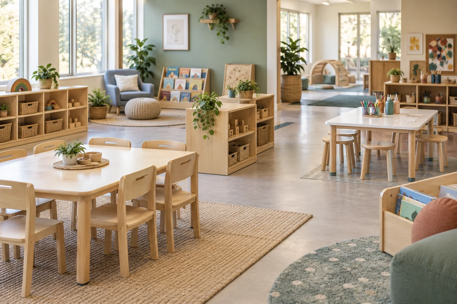 Preschool classroom with tables, open storage, art furniture, and reading seating arranged as connected activity zones