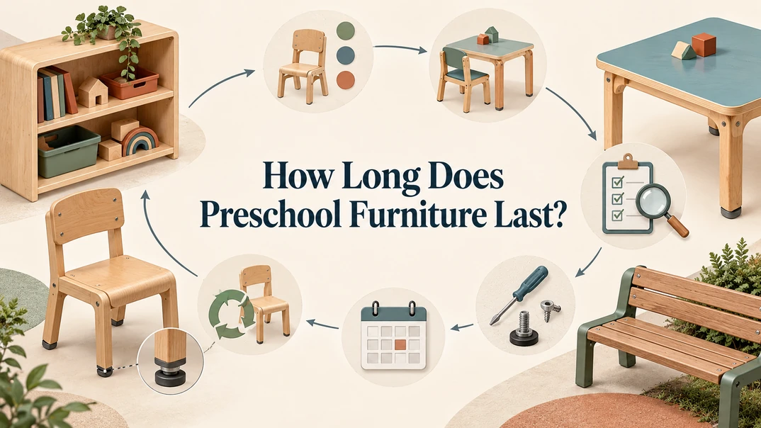 Editorial lifecycle illustration showing preschool chairs, tables, storage, inspection, repair, and outdoor furniture
